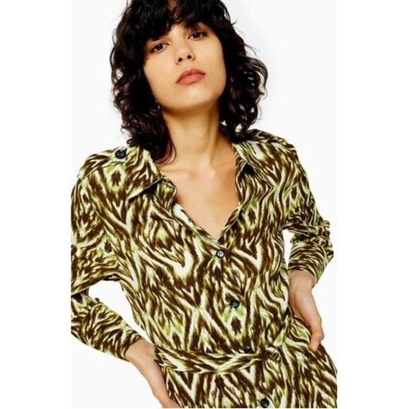 NWT Topshop Long Sleeve Open Back Maxi Shirt Dress Green Zebra Print 90s y2k 4 - Picture 2 of 12